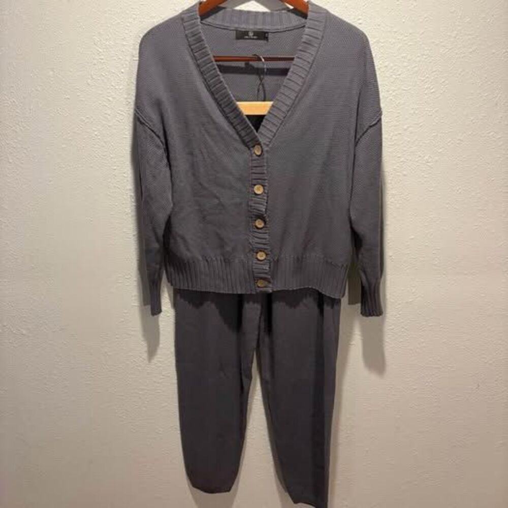 Free People Hailee Cardi Set Charcoal Gray Waffle Knit Lounge 2 Piece - Size M